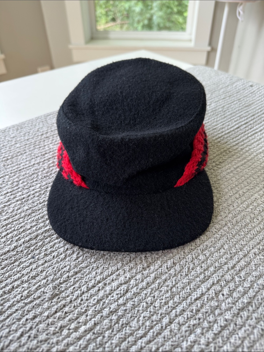 Vintage Black Wool Cadet Cap with Red Knit Trim The Cap Crafters
